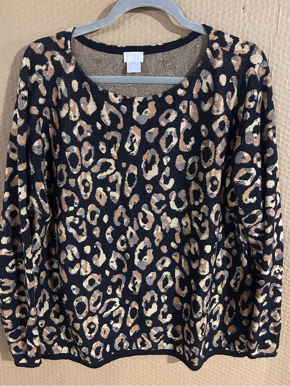 Chico's Leopard Print Crewneck Sweater in Black and Tan